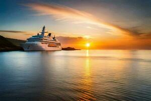 uma cruzeiro navio dentro a oceano às pôr do sol. gerado por IA foto