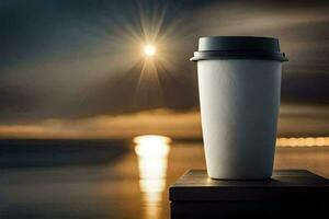 café copo em a Beira do a mar. gerado por IA foto