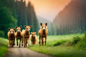 uma grupo do vacas caminhando baixa uma sujeira estrada. gerado por IA foto