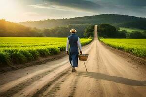 a velho agricultor anda em baixa uma sujeira estrada com uma cesta. gerado por IA foto