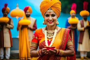 indiano noiva dentro tradicional vestuário segurando uma vela. gerado por IA foto