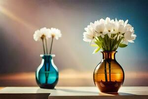 dois vasos com branco flores sentado em uma mesa. gerado por IA foto