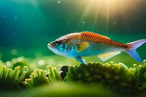 uma peixe dentro a oceano com verde plantas. gerado por IA foto