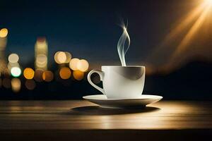 uma copo do café em uma mesa com cidade luzes dentro a fundo. gerado por IA foto