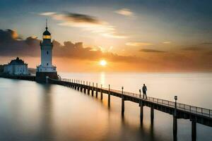 uma homem anda em ao longo uma cais às pôr do sol com uma farol dentro a fundo. gerado por IA foto