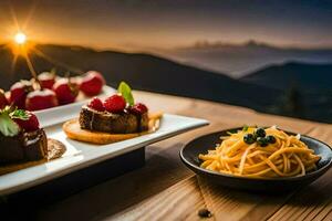 Comida em a mesa às pôr do sol. gerado por IA foto