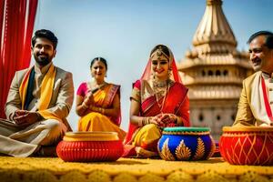 uma casal e seus amigos dentro tradicional indiano traje. gerado por IA foto