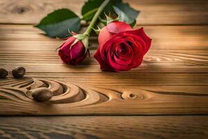 vermelho rosas em uma de madeira mesa. gerado por IA foto
