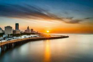 a Sol conjuntos sobre uma cidade Horizonte e água. gerado por IA foto