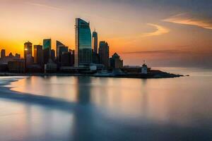 a cidade Horizonte é visto dentro a distância às pôr do sol. gerado por IA foto