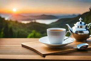 uma copo do chá e uma chaleira em uma de madeira mesa. gerado por IA foto