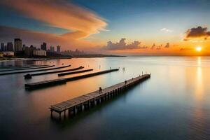 uma lindo pôr do sol sobre a oceano com barcos dentro a água. gerado por IA foto