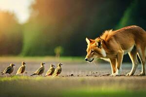 uma Lobo e pássaros em pé em a chão. gerado por IA foto