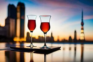 dois óculos do vinho em uma bandeja com uma cidade Horizonte dentro a fundo. gerado por IA foto