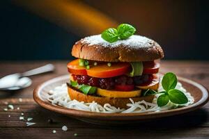 uma Hamburger com legumes e arroz em uma placa. gerado por IA foto