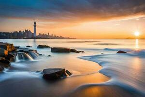 a pôr do sol dentro dubai, a cidade do a futuro. gerado por IA foto