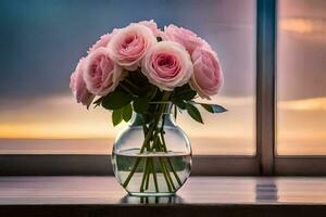 Rosa rosas dentro uma vaso em uma janela peitoril. gerado por IA foto
