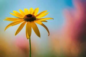 uma solteiro amarelo flor carrinhos Fora contra uma azul céu. gerado por IA foto