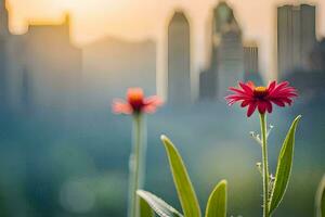 dois vermelho flores dentro frente do uma cidade Horizonte. gerado por IA foto