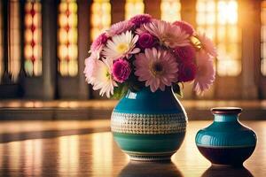 uma vaso com Rosa flores e uma vaso com azul flores gerado por IA foto