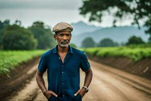 uma homem em pé dentro uma sujeira estrada com uma verde campo dentro a fundo. gerado por IA foto