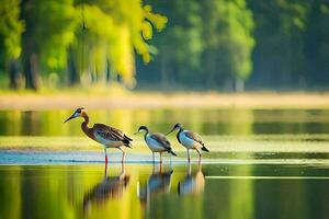 três pássaros em pé em a costa do uma lago. gerado por IA foto