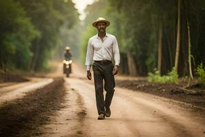 uma homem dentro uma chapéu caminhando baixa uma sujeira estrada. gerado por IA foto