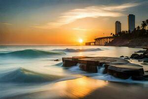 a Sol conjuntos sobre a oceano e uma de praia. gerado por IA foto