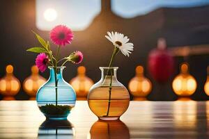 dois vasos com flores dentro eles em uma mesa. gerado por IA foto