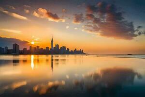 a cidade Horizonte é refletido dentro a água às pôr do sol. gerado por IA foto