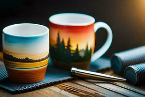 dois café copos com uma panorama pintado em eles. gerado por IA foto