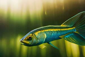 uma peixe com uma amarelo e azul corpo. gerado por IA foto