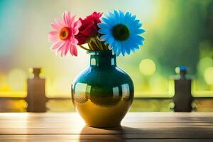 uma vaso com colorida flores em uma mesa. gerado por IA foto