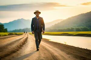 uma homem dentro uma terno e chapéu caminhando em uma sujeira estrada. gerado por IA foto