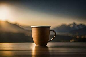 café copo em uma mesa com montanhas dentro a fundo. gerado por IA foto