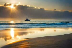 uma barco em a de praia às pôr do sol com a Sol brilhando. gerado por IA foto