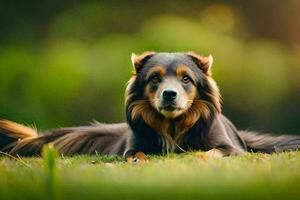 uma cachorro deitado em a Relva dentro a Sol. gerado por IA foto