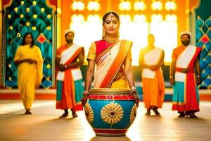 uma mulher dentro tradicional indiano vestuário é segurando uma tambor. gerado por IA foto