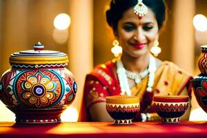 uma mulher dentro tradicional indiano vestuário é segurando uma Panela e uma tigela. gerado por IA foto