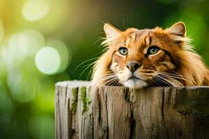 uma gato é sentado em topo do uma de madeira publicar. gerado por IA foto