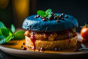 uma hamburguer com azul queijo e tomate em uma de madeira placa. gerado por IA foto