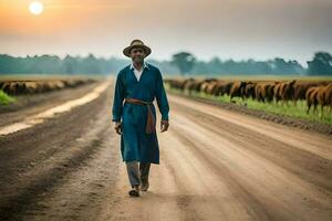 uma homem dentro uma azul casaco caminhando baixa uma sujeira estrada com gado. gerado por IA foto