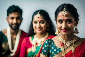 três mulheres dentro tradicional indiano traje. gerado por IA foto