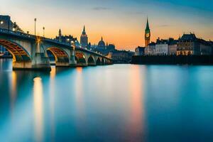 a ponte sobre a rio às crepúsculo dentro Lyon, França. gerado por IA foto