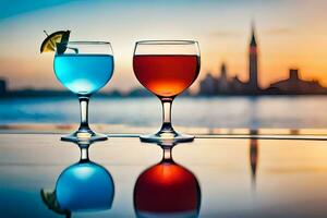 dois óculos do colorida bebidas com cidade Horizonte dentro a fundo. gerado por IA foto