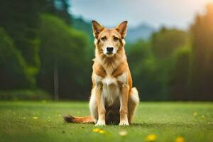 uma cachorro sentado em a Relva dentro a Sol. gerado por IA foto