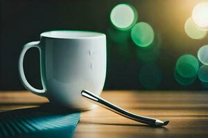uma copo do café e uma colher em uma mesa. gerado por IA foto