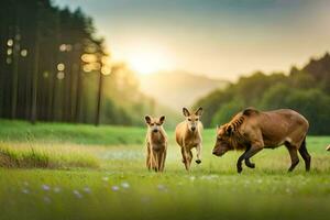 uma grupo do veado corrida através uma campo. gerado por IA foto