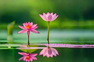 dois Rosa lótus flores estão refletido dentro a água. gerado por IA foto
