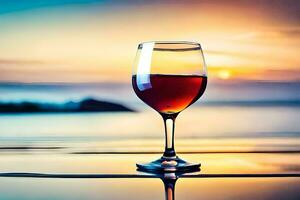 vidro do vinho em a de praia às pôr do sol. gerado por IA foto